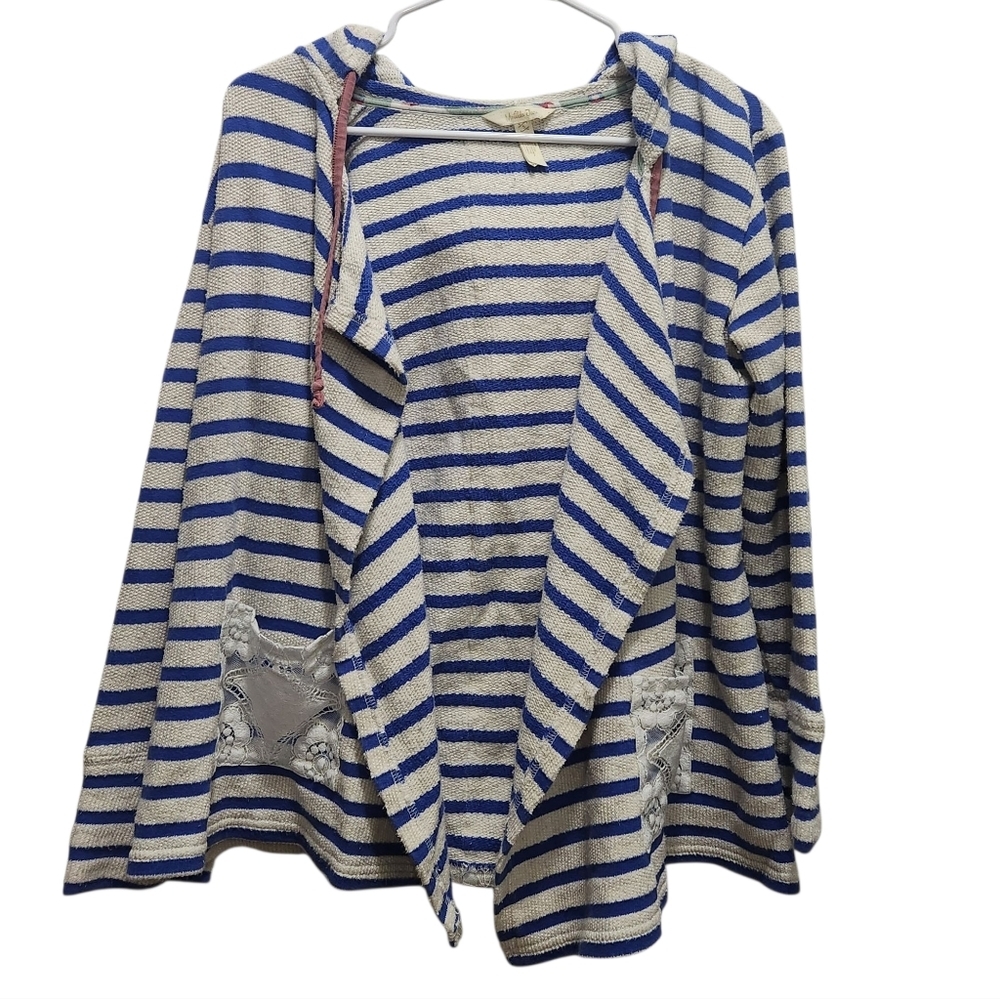 MATILDA JANE Midway Hooded Open Front Cardigan Blue Stripes Lace Pockets Size S
